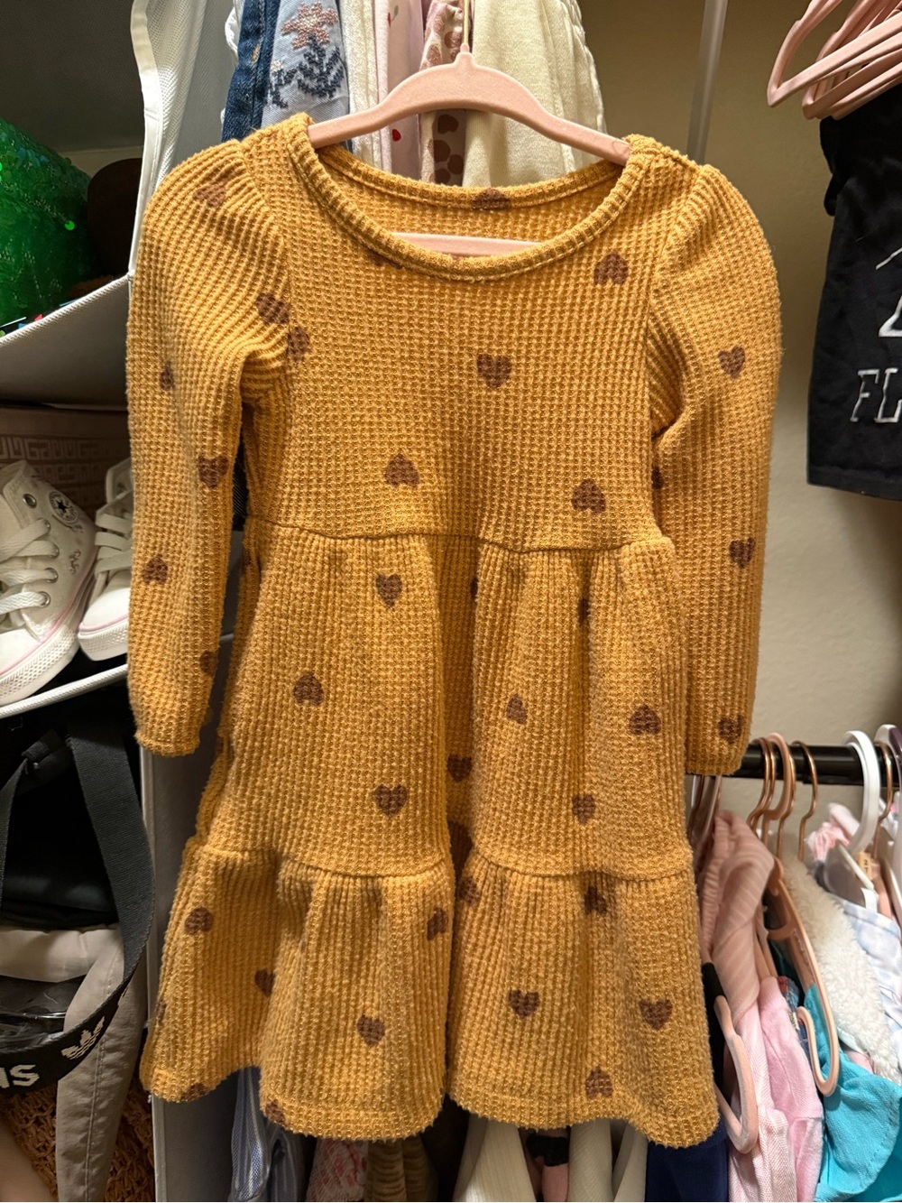 Cat & Jack 12m Mustard Knit Dress with Brown Hearts